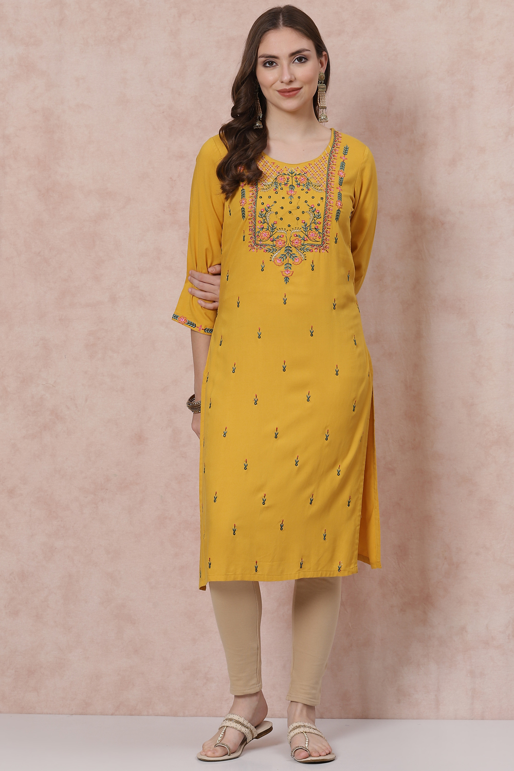 Mustard LIVA Straight Kurta image number 0